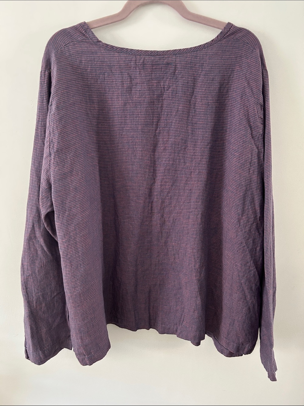 Flax Lavender Stripe Long-Sleeve Top Oversized Lagenlook Linen Coastal Popover - Picture 6 of 15